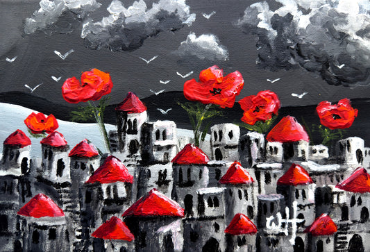 Red -Houses and flowers wave - Original acrylic on canvas