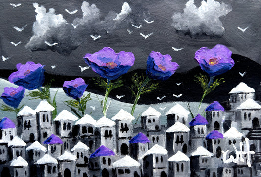 Purple -Houses and flowers wave - Original acrylic on canvas
