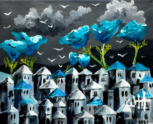 Turqouise -Houses and flowers wave - Original acrylic on canvas
