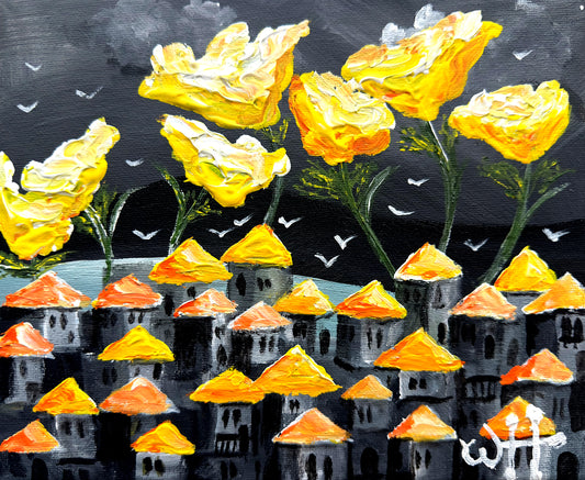 Yellow -Houses and flowers wave - Original acrylic on canvas