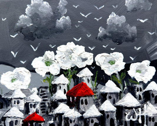 White -Houses and flowers wave - Original acrylic on canvas